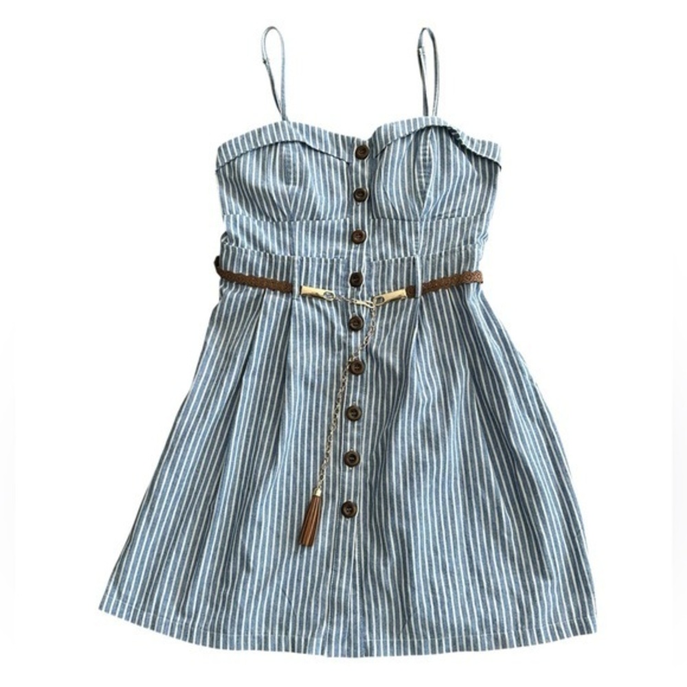Mind Code Spaghetti Strap Button Up Mini Dress Juniors Large Blue White Stripe